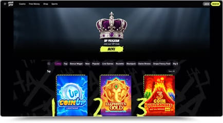 Startseite des Online-Casinos HahaSpin mit einem VIP-Programm-Banner samt Krone sowie drei hervorgehobenen Spielautomaten:hahaspin-casino-1.webp